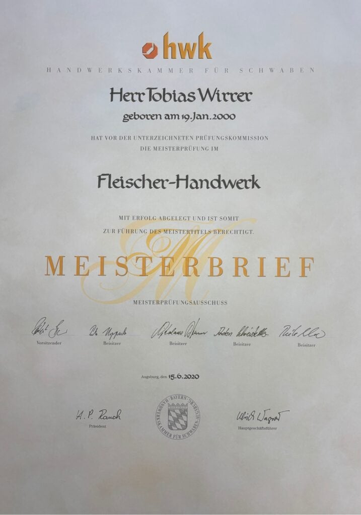 Meisterbrief Tobias Wirrer